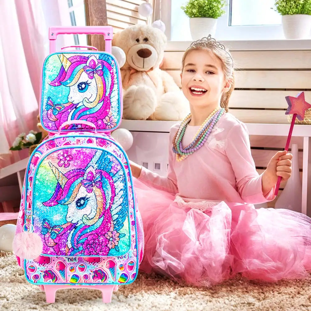 Cartable à Roulettes Licorne Avec Boite a Lunch et Trousse Scolaire