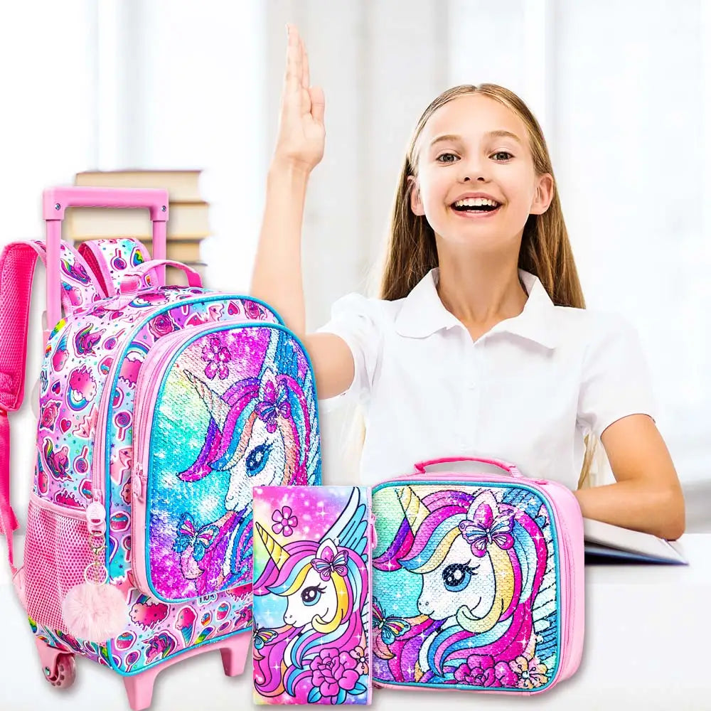 Cartable à Roulettes Licorne Avec Boite a Lunch et Trousse Scolaire